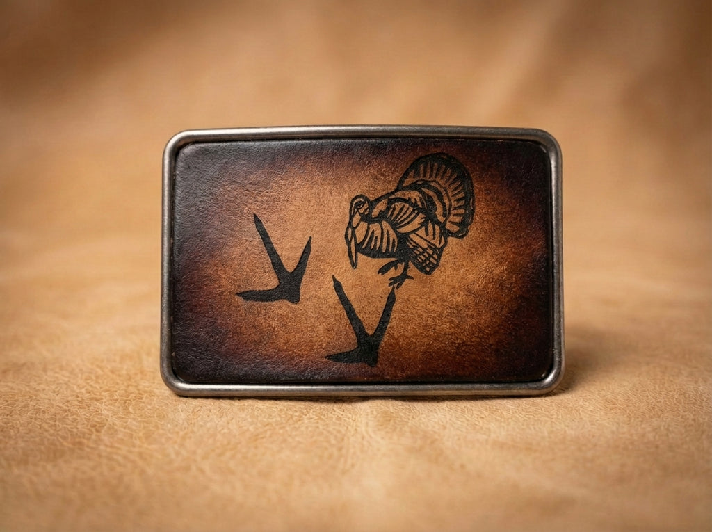 Handcrafted Leather Turkey and Tracks Belt Buckle