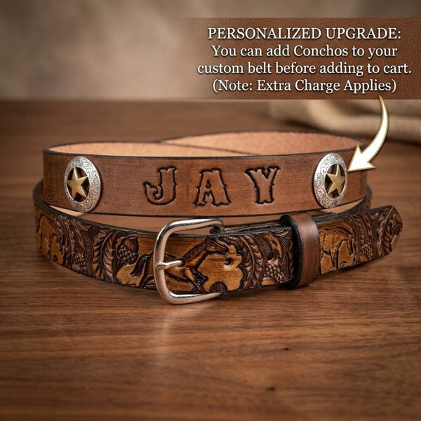 Personalized Kids Leather Belt - Western Oak Leaf Cowboy Belt | Millers Leather Shop