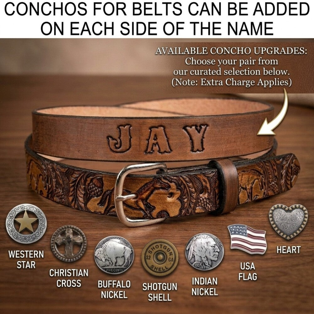 Personalized Kids Leather Belt - Western Oak Leaf Cowboy Belt | Millers Leather Shop