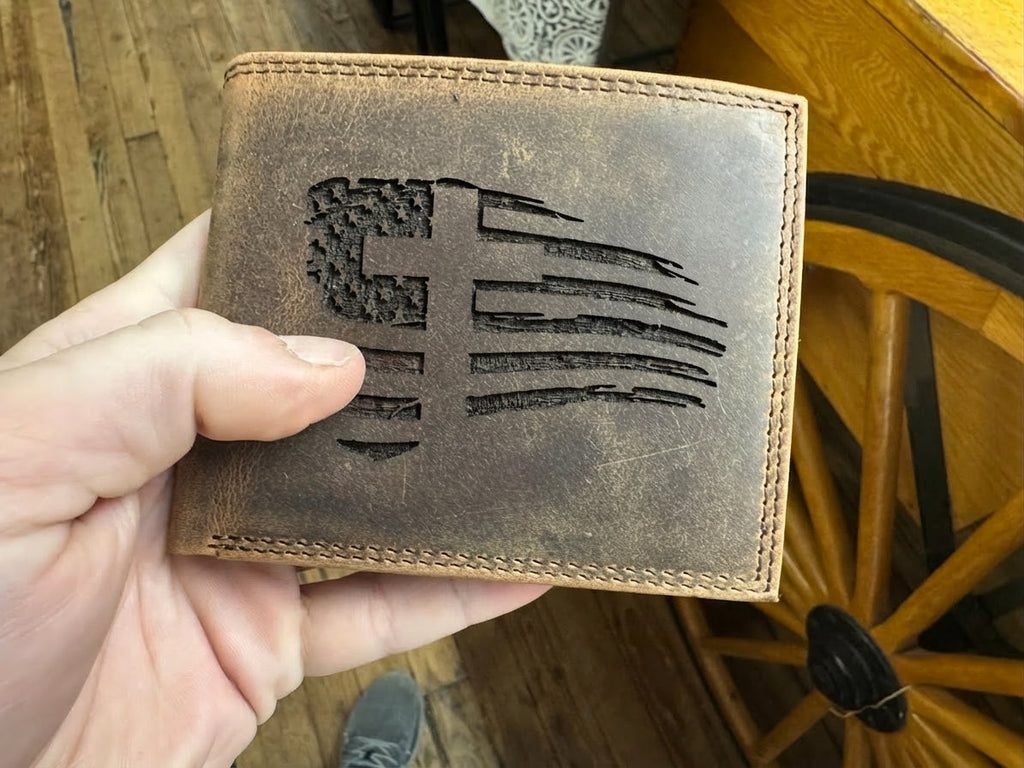 Christian American Flag Wallet with Cross - Distressed Leather Bifold Mockup