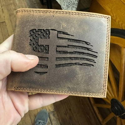Christian American Flag Wallet with Cross - Distressed Leather Bifold