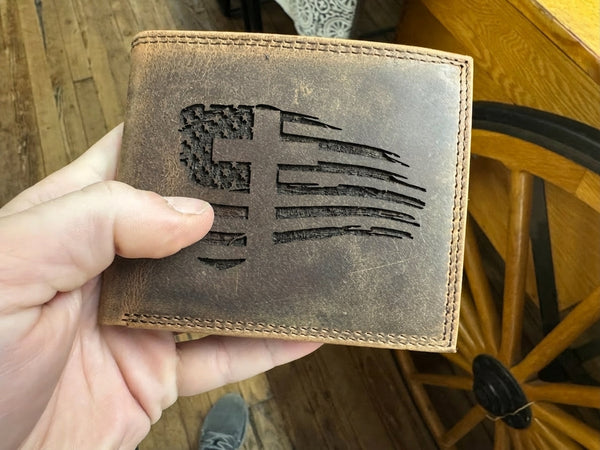 Christian American Flag Wallet with Cross - Distressed Leather Bifold Mockup