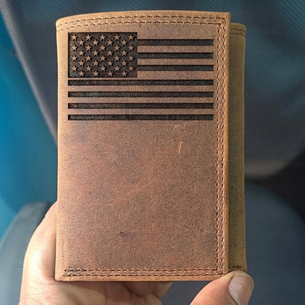 American Flag Trifold Leather Wallet | MillersLeatherShop.com Mockup