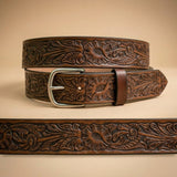 Handmade Carved Morning Glory Western Leather Belt - Tooled Full Grain Cowhide
