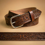 Handmade Carved Morning Glory Western Leather Belt - Tooled Full Grain Cowhide