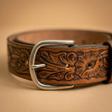 Handmade Carved Morning Glory Western Leather Belt - Tooled Full Grain Cowhide