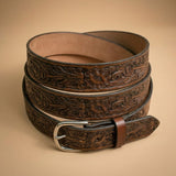 Handmade Carved Morning Glory Western Leather Belt - Tooled Full Grain Cowhide
