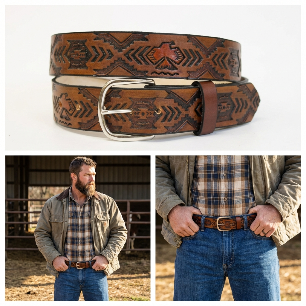 Thunderbird Leather Belt - Handcrafted Southwest Tooled  display picture 2