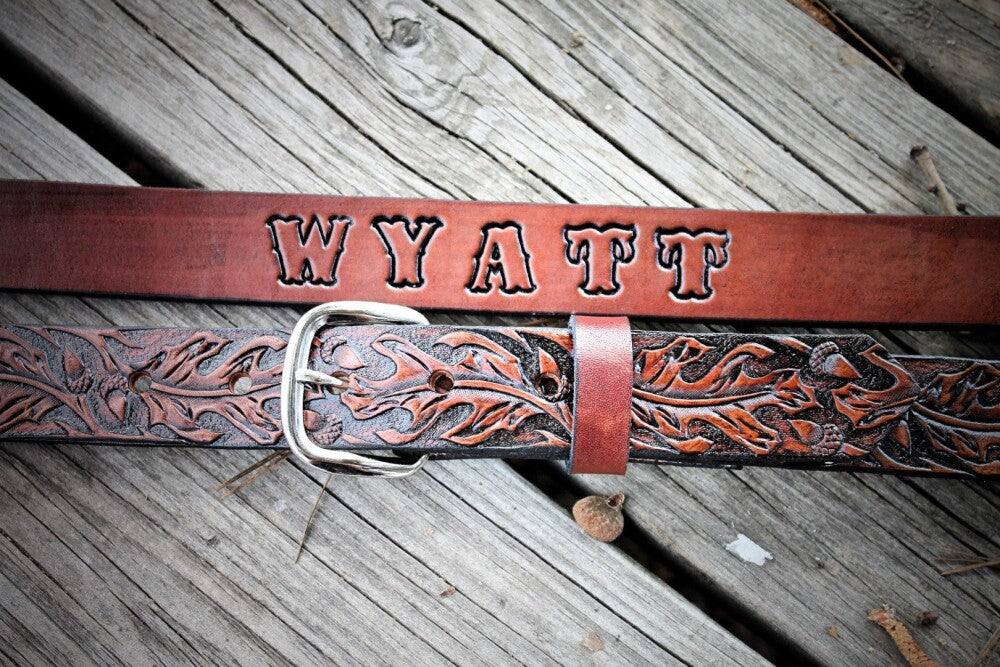 Personalized Kids Leather Belt - Western Oak Leaf Cowboy Belt | Millers Leather Shop