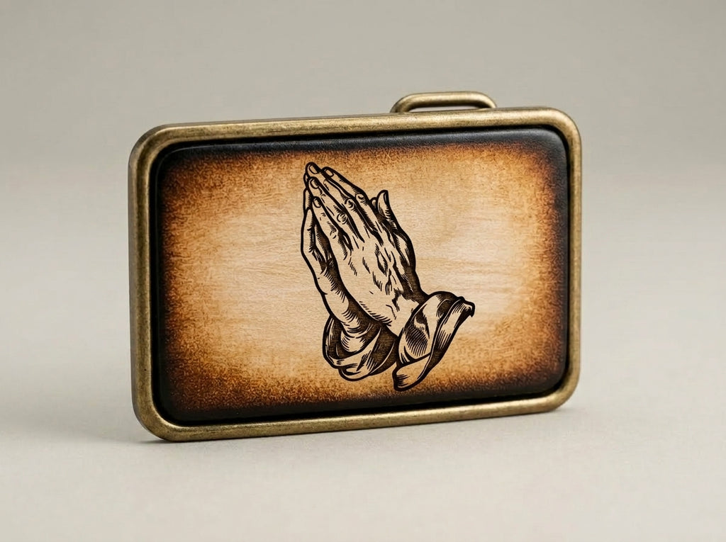 Praying Hands Handcrafted Leather Inlay Belt Buckle