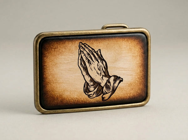 Praying Hands Handcrafted Leather Inlay Belt Buckle