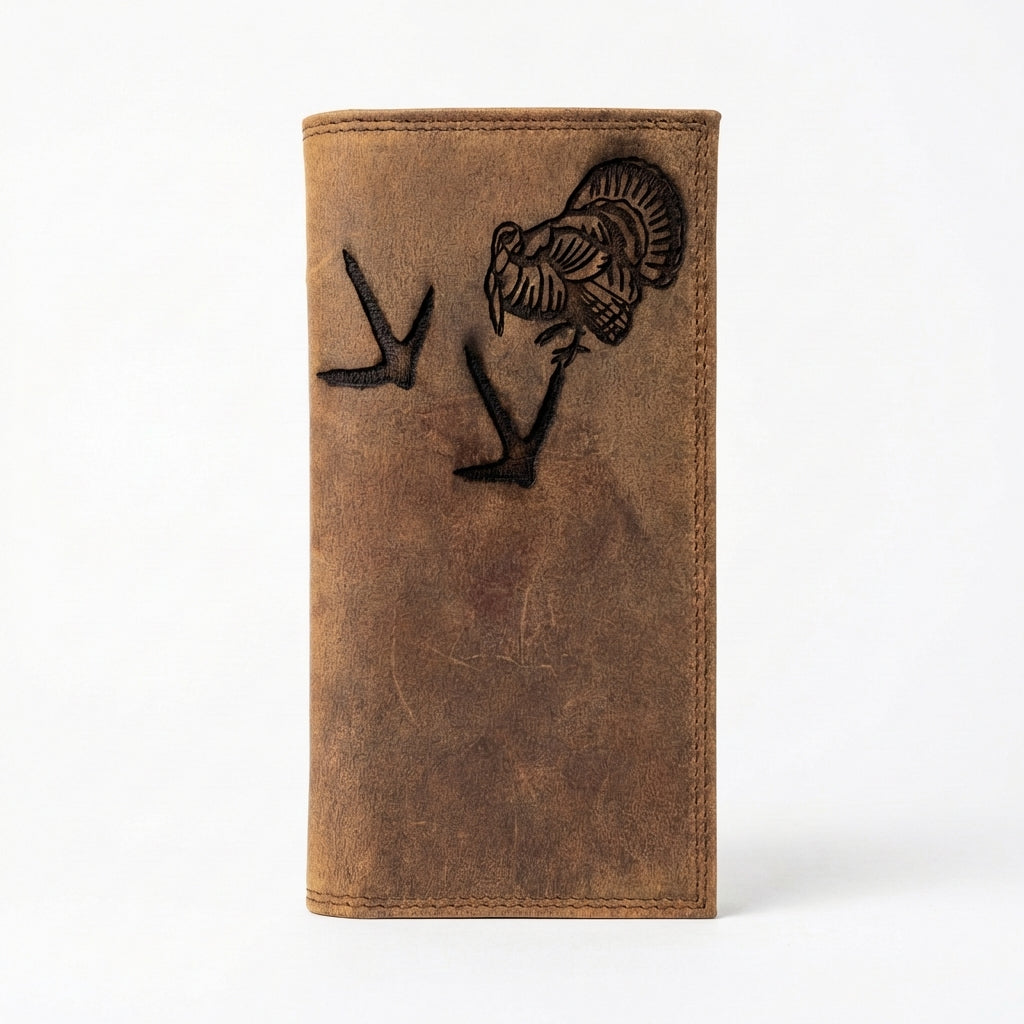 Distressed brown leather checkbook wallet embossed with a wild turkey and two turkey tracks.