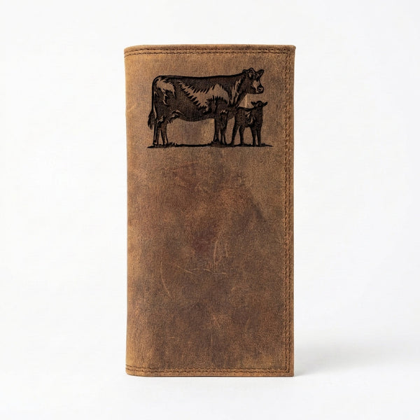 Distressed Leather Roper Wallet - Cow and Calf Engraved Long Wallet