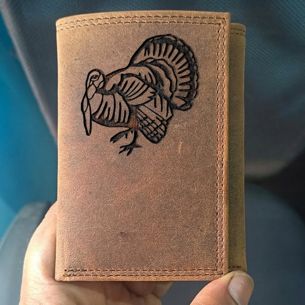 Engraved Leather Trifold Wallet with Wild Turkey Design