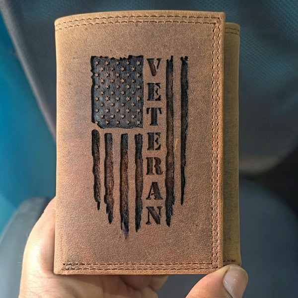 Handcrafted Men's Leather Trifold Wallet - Veteran US Flag Design