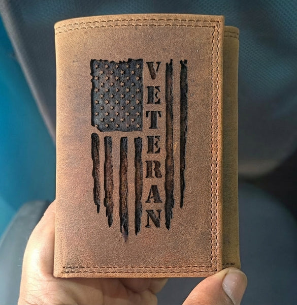 Handcrafted Men's Leather Trifold Wallet - Veteran US Flag Design