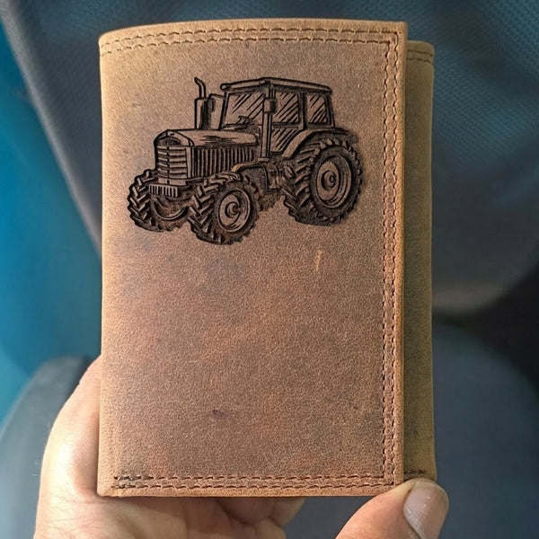 Engraved Leather Tractor Wallet - Distressed Brown Men's Trifold