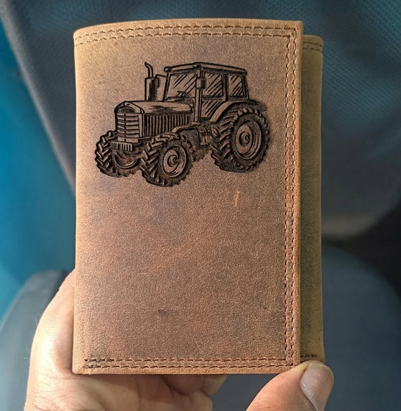 Engraved Leather Tractor Wallet - Distressed Brown Men's Trifold