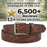 Handcrafted Men's Leather Belt, Eagle & Mountain Design - Miller's Lea