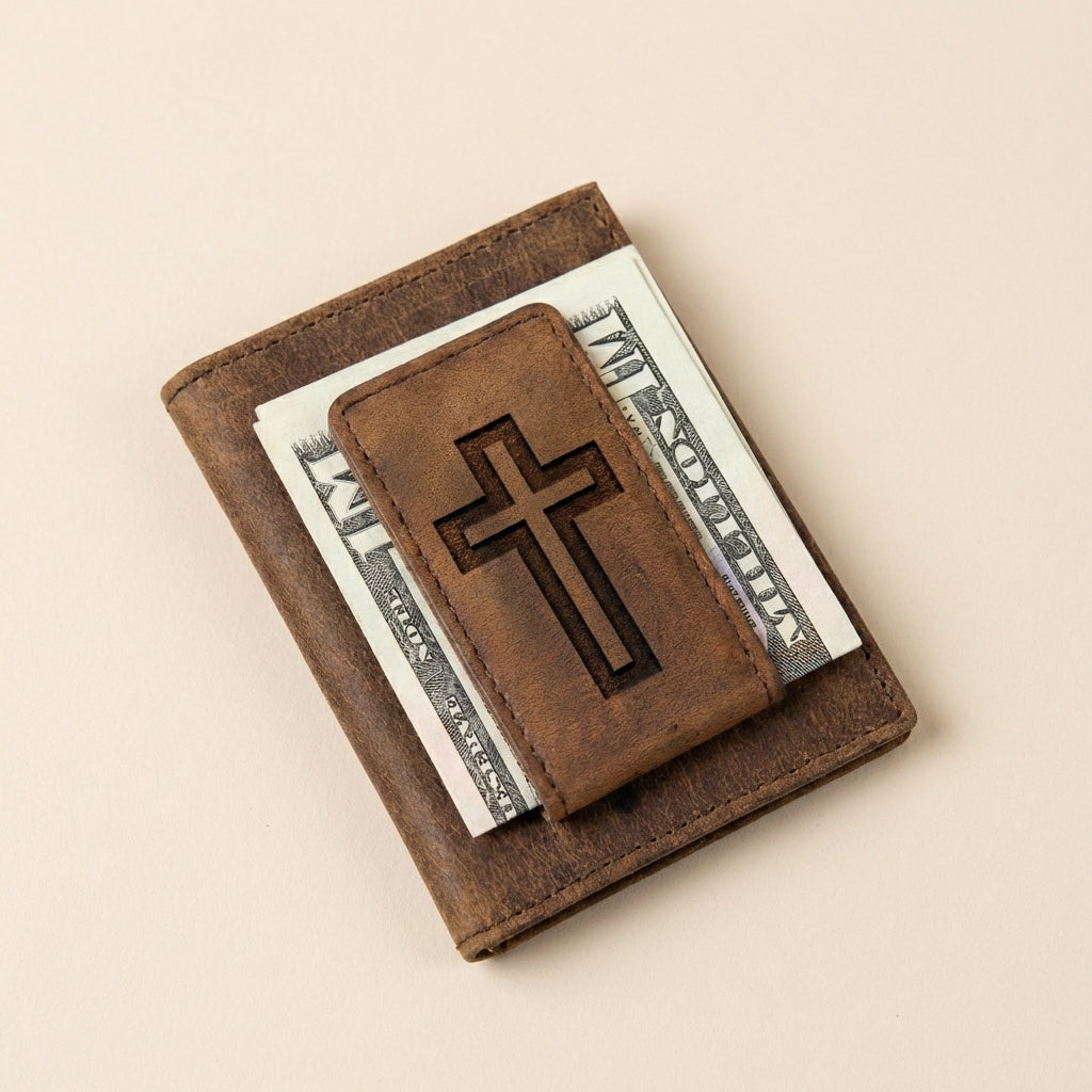 Men's Leather Christian Cross Money Clip Wallet