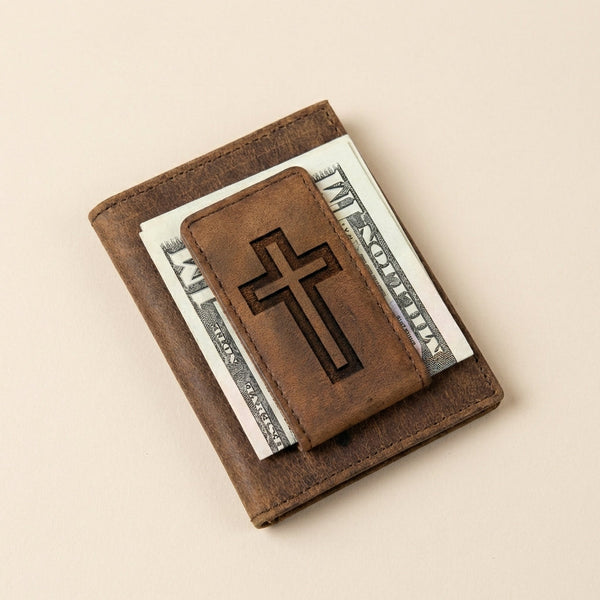 Men's Leather Christian Cross Money Clip Wallet