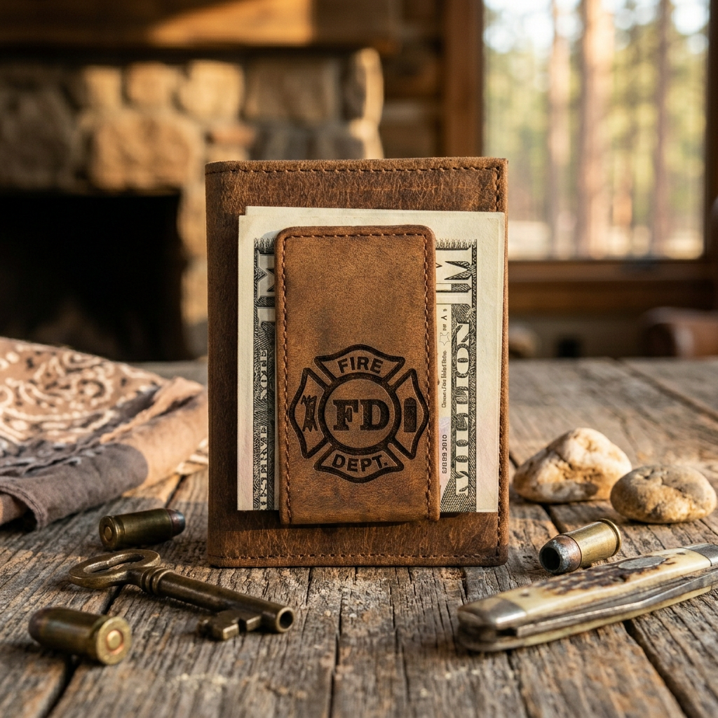 Leather Money Clip Wallet with Fire Dept. Emblem