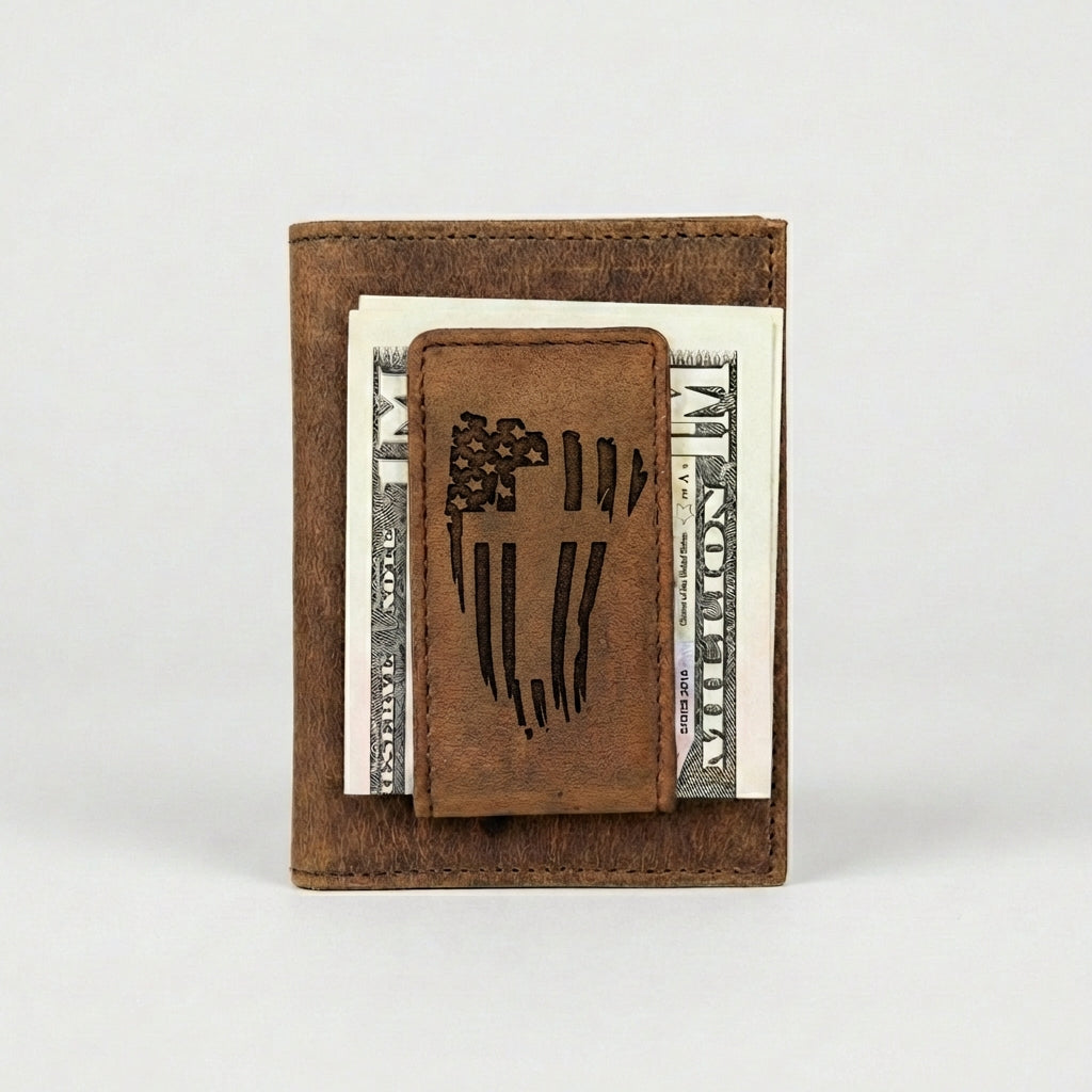 Leather Money Clip Wallet with American Flag Design