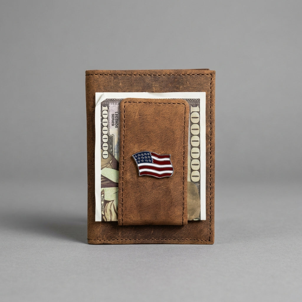 Leather Money Clip Wallet with USA Flag Concho - Brown