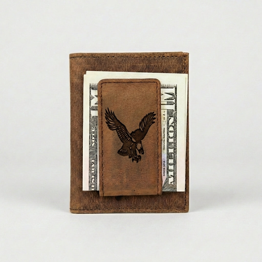 Leather Money Clip Wallet with Eagle Design - Slim & Stylish