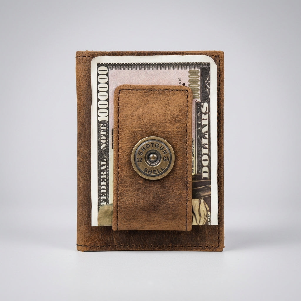 Leather Money Clip Wallet with Shotgun Shell Detail