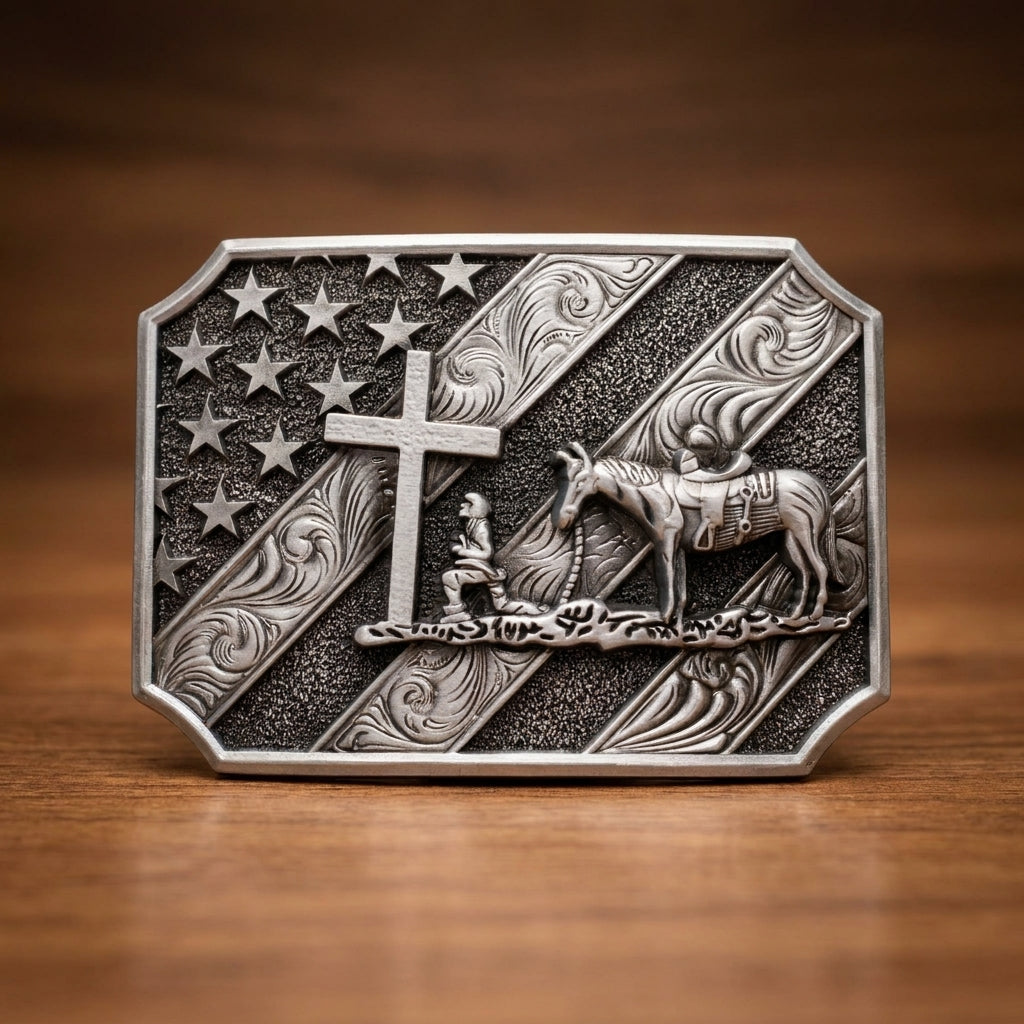 Western Praying Cowboy and Horse Belt Buckle with American Flag Motif