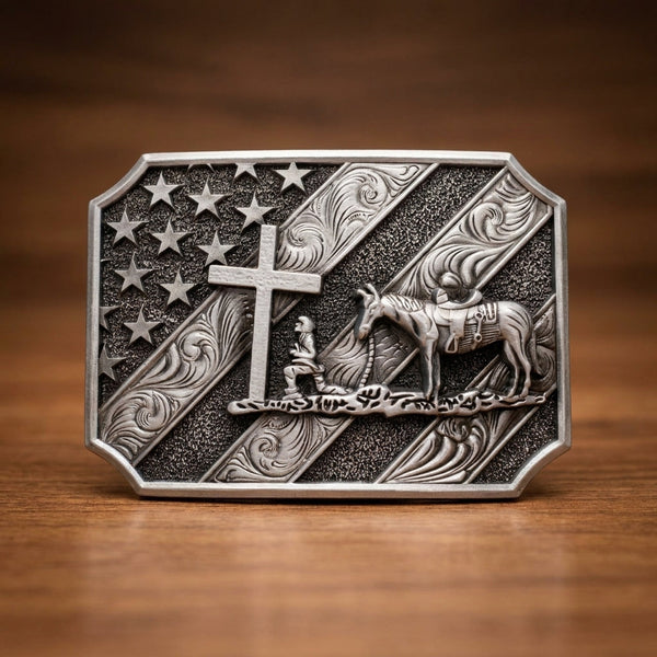 Western Praying Cowboy and Horse Belt Buckle with American Flag Motif