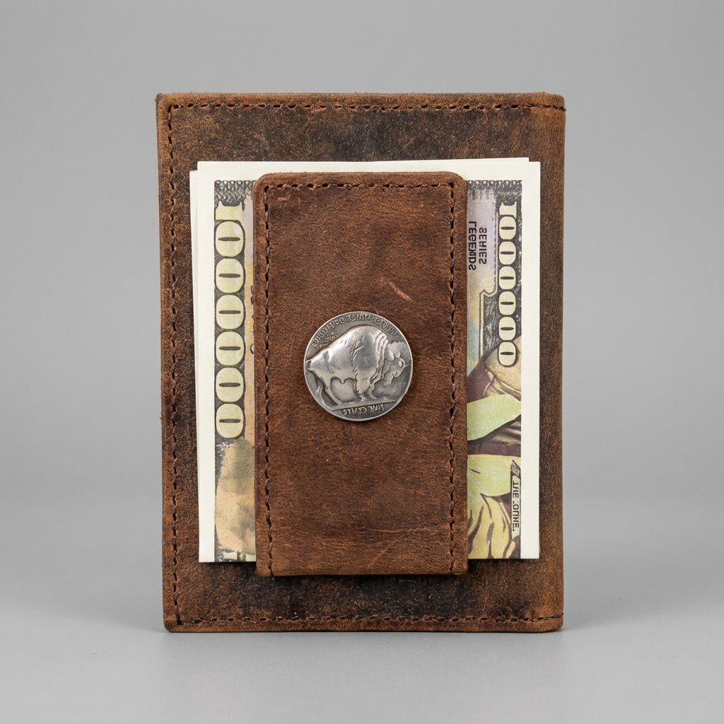 Buffalo Nickel Leather Magnetic Money Clip Wallet for Men