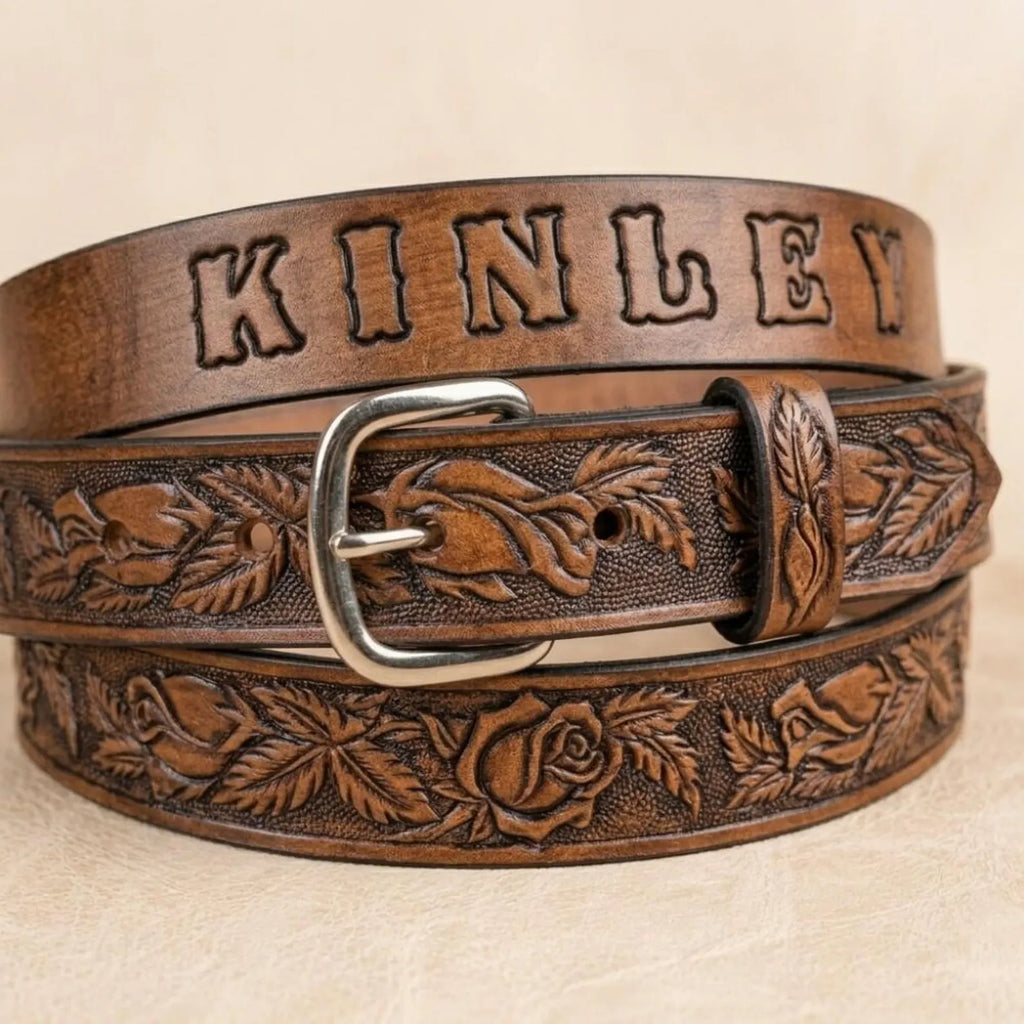 Personalized Kids Leather Belt with Roses - Custom Name Engraved | Miller's Leather