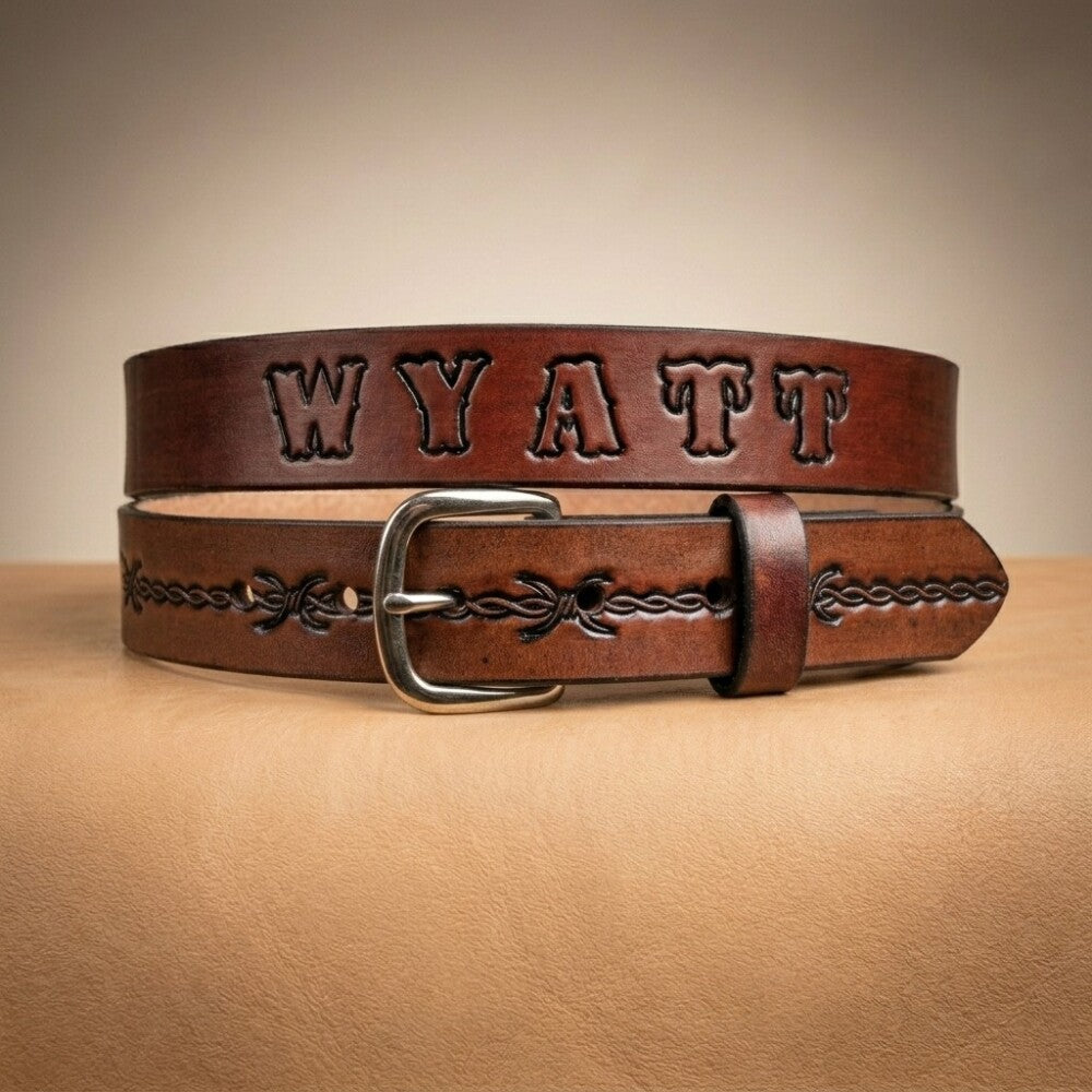 Kids' Personalized Leather Cowboy Belt - Barbwire Pattern with Free Name Engraving