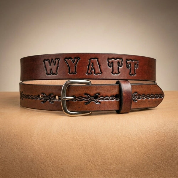 Kids' Personalized Leather Cowboy Belt - Barbwire Pattern with Free Name Engraving