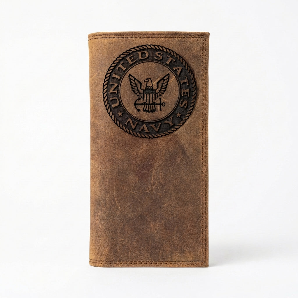 Tall distressed brown leather roper wallet with an embossed circular United States Navy emblem on the front.
