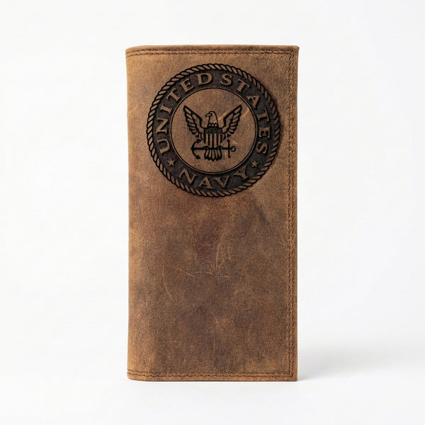 Tall distressed brown leather roper wallet with an embossed circular United States Navy emblem on the front.