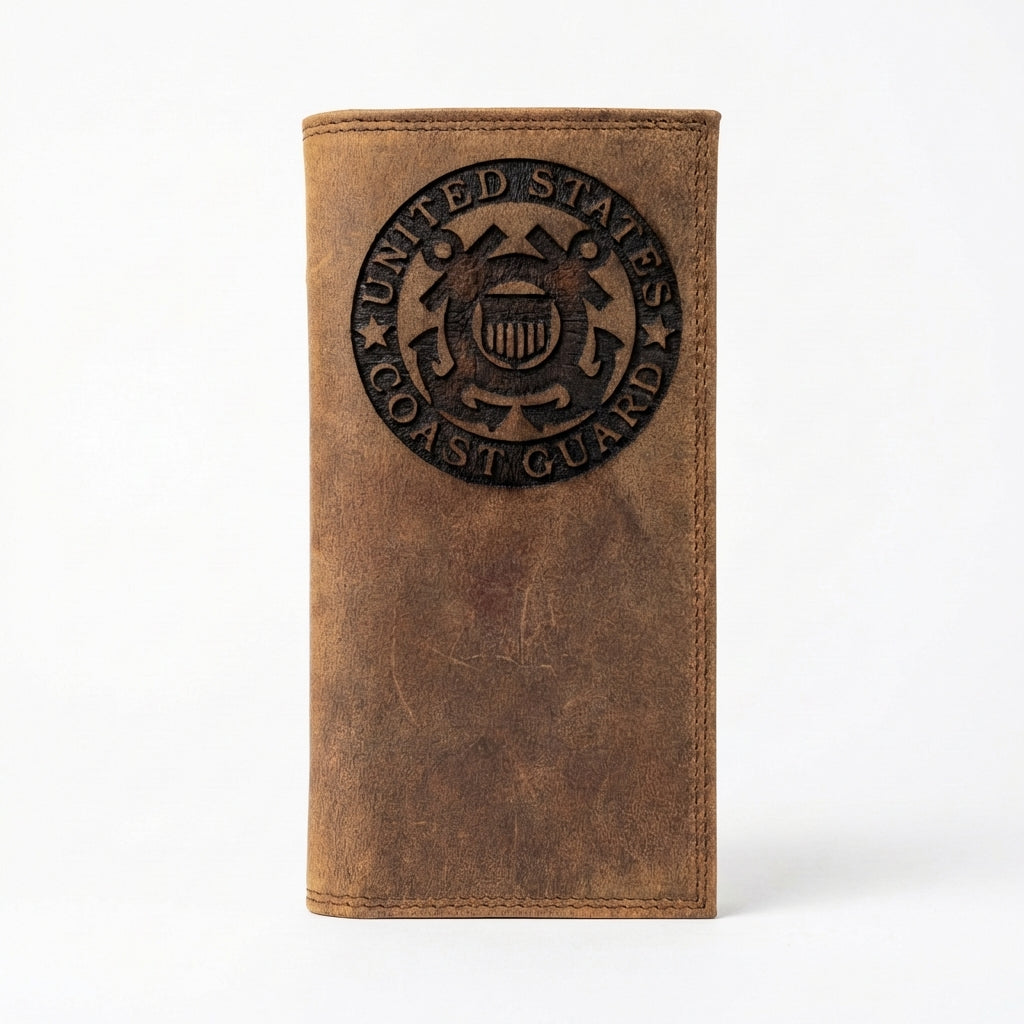 Distressed brown leather roper wallet with an engraved United States Coast Guard emblem.