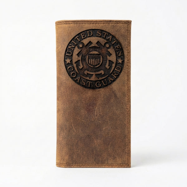 Distressed brown leather roper wallet with an engraved United States Coast Guard emblem.