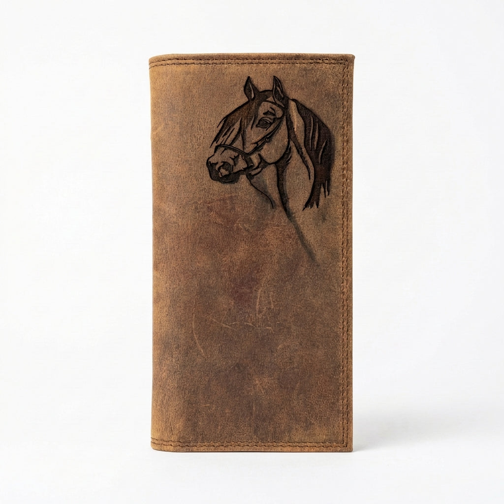 Distressed brown leather long Roper wallet with an etched horse head design.
