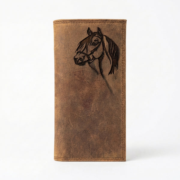 Distressed brown leather long Roper wallet with an etched horse head design.