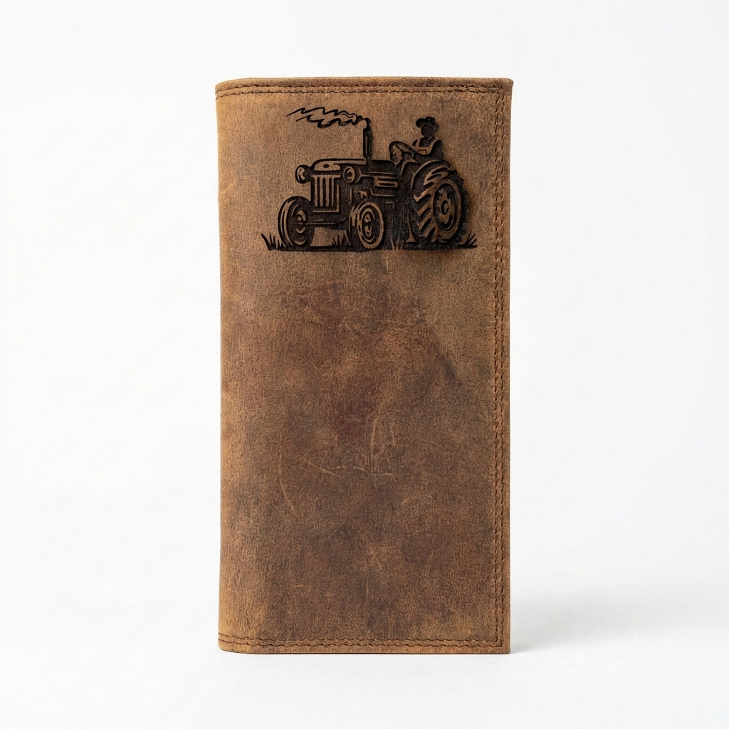 Brown leather long wallet for men with an embossed vintage tractor design.
