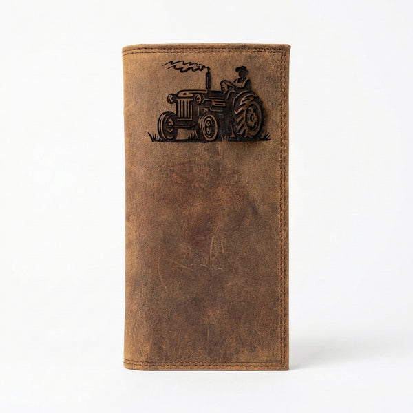 Brown leather long wallet for men with an embossed vintage tractor design.