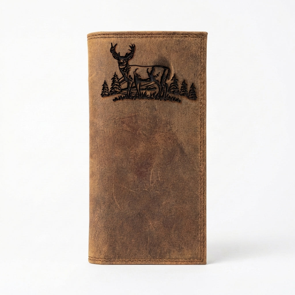 Distressed brown leather rodeo wallet featuring an embossed scene of a deer and pine trees at the top.