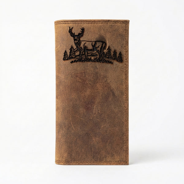 Distressed brown leather rodeo wallet featuring an embossed scene of a deer and pine trees at the top.