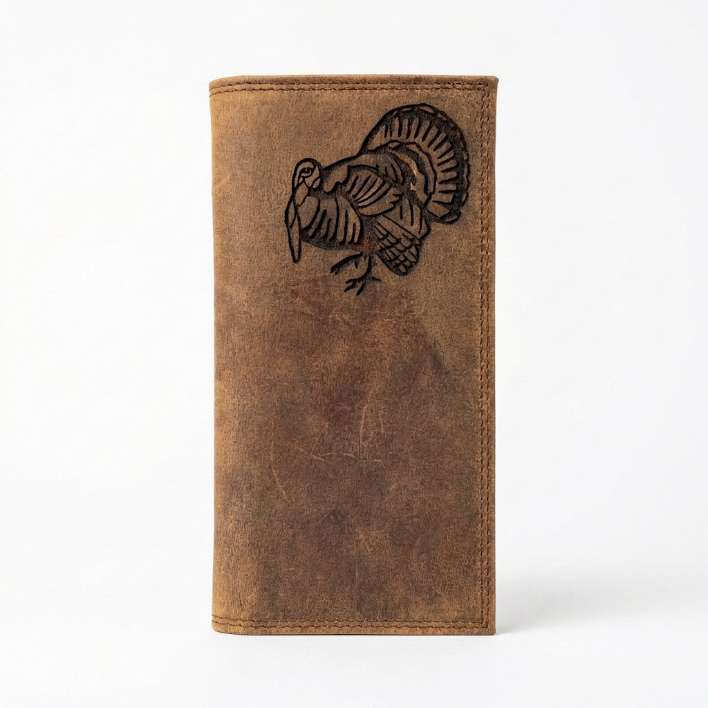 Miller's Distressed Leather Roper Wallet featuring a black embossed wild turkey design.