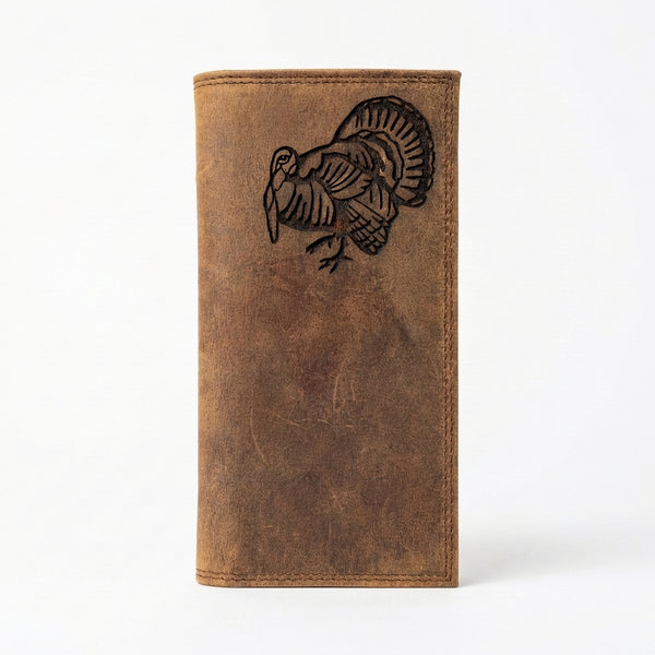 Miller's Distressed Leather Roper Wallet featuring a black embossed wild turkey design.