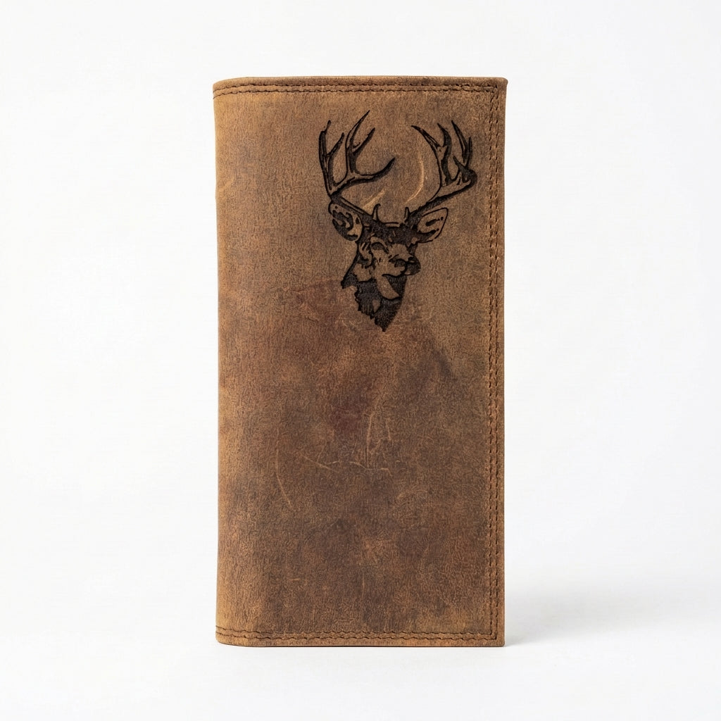 Men's distressed brown leather rodeo wallet featuring an engraved deer stag head design.