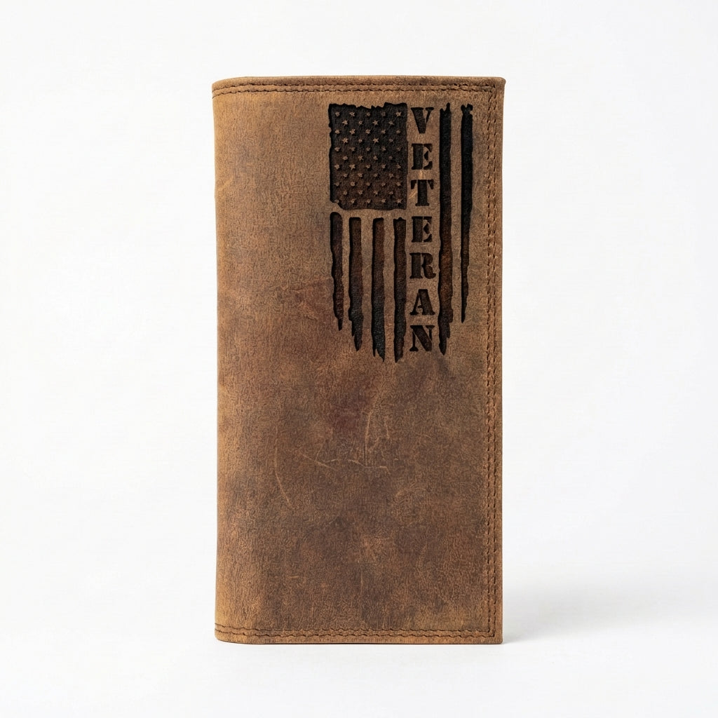 Distressed brown leather roper wallet with an engraved American flag and the word VETERAN on the front.